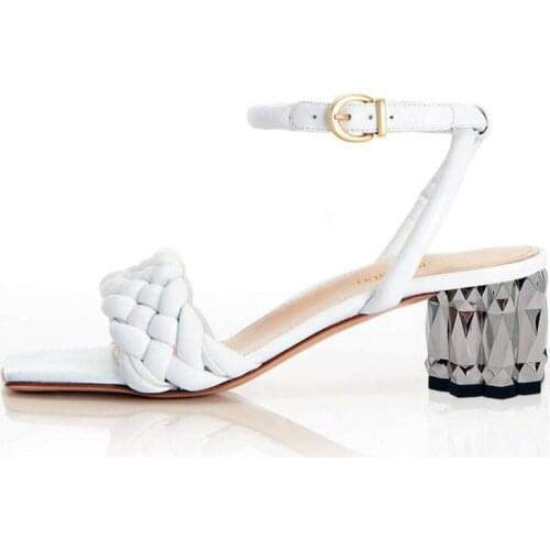 Summer Weave High Heel White Womens Sandals Party Square Toe Cross Belt Women Sandals Designer Round Heel Sandals for Girls