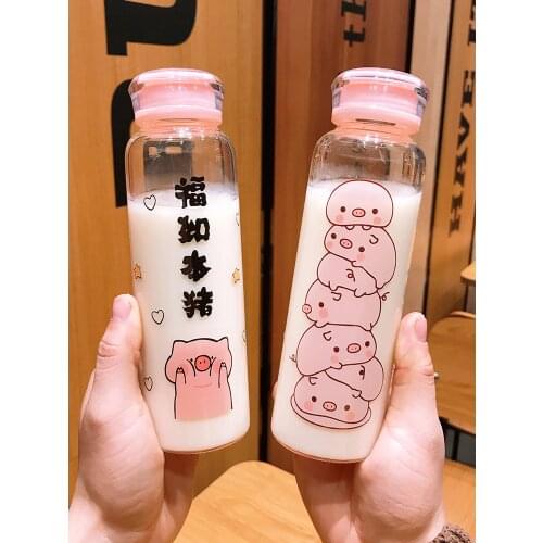 Glass Portable Water Bottle Running Fashion Water Bottle Colorful Korea Lovely Glass Cute Water Bottle Pink Pig Water Cup FF70P
