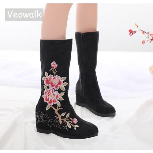 Veowalk Handmade Women Cotton Calf High Boots with Hidden Heels Autumn Ladies Casual Wedge Embroidered Shoes Retro Booties