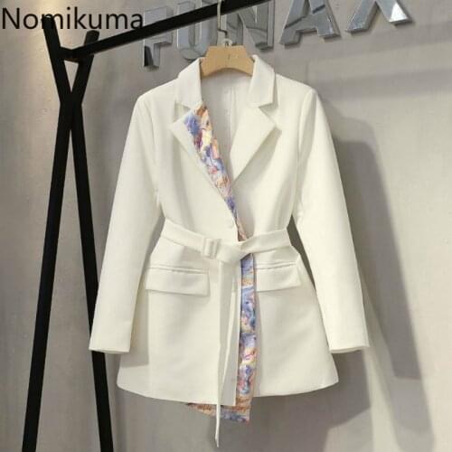 Nomikuma 2021 Spring Elegant Blazer Coat Korean Patchwork Belt Slim Waist Suit Jacket Long Sleeve Notched Collar Blazers 6E731
