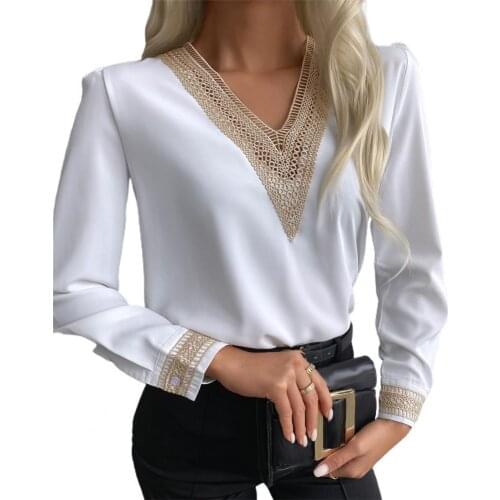 Office Lady Embroidered V Neck Blouses Shirts Patchwork Long Sleeve Chiffon Shirt Top Streetwear Spring Autumn Female Clothing