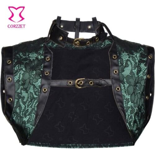 6XL Green Floral Brocade And Leather Vintage Gothic Jacket Steampunk Coat Women Bolero Burlesque Outfits Sexy Corset Accessories