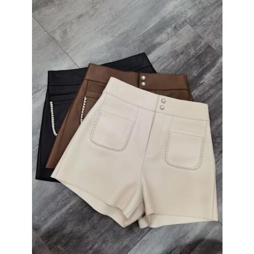 Runway Streetwear Women Real Leather Mini Shorts 2021 Winter Fashion Sexy High Waist Pearl Buttons Shorts