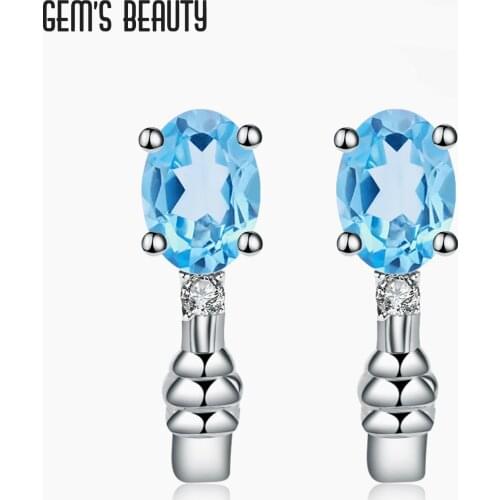 GEMS BEAUTY 925 Sterling Silver Earring For Women Oval Simple Fashion Advanced Natural Swiss Blue Topaz Earring