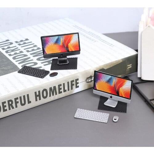 1Set 1/12 Scale Mini Computer + Mouse + Keyboard Book Stationery Model for Miniature Dollhouse Study Room Furniture Accessories