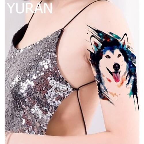 3D Watercolour Husky Dog Tattoo Temporary Body Arm Neck Tattoos Stickers Galaxy Men Forest Wolf Tatoos Art Waterproof