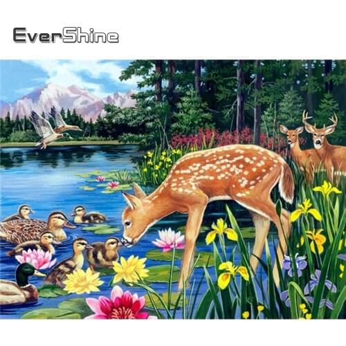 EverShine Diamond Mosaic Full Square Deer Cross Stitch Diamond Painting Animals Picture Rhinestones Lake Needlework Art Gift