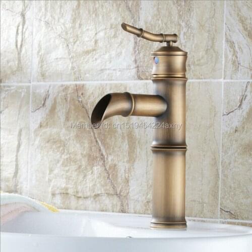 Free Shipping 10" Bamboo Design Single Handle Antique Copper Bathroom Basin Sink Faucet Waterfall Spout Vanity Mixer Tap GI40