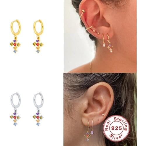 BOAKO 925 Sterling Silver Colorful CZ Crystal Cross Charm Dangle Circle Earrings For Women Luxury Rainbow Pendiente Drop Earring