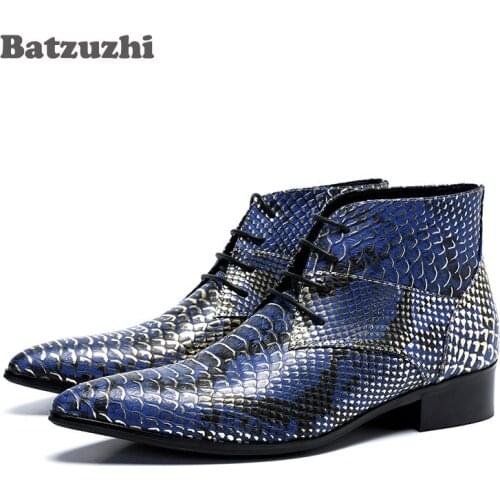 Batzuzhi Handmade Men Boots Shoes Pointed Toe Blue Leather Ankle Boots Fish Scale Pattern Botas Hombre Party and Wedding Botas