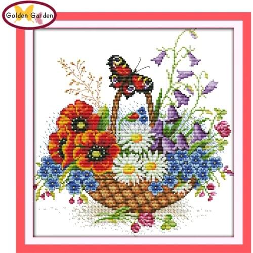GG Flower Basket&Butterfly Joy Sunday Cross Stitch Needlework Embroidery Sets Handcraft Stamped Cross Stitch Kits for Home Decor