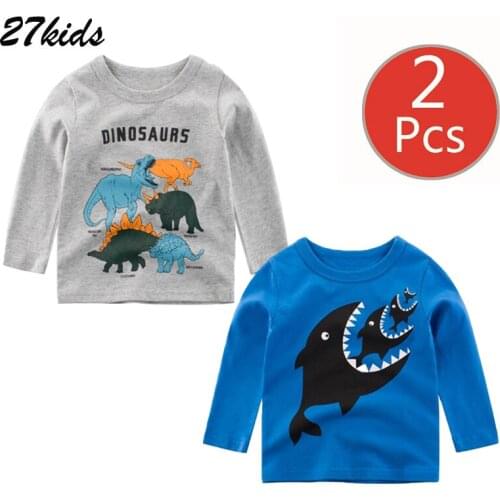 27kids 2PCS Boys T Shirt Spring Autumn Boys Girls Cartoon Dinosaur Children Shark Long Sleeve T Shirt Casual Boys Girls Tops