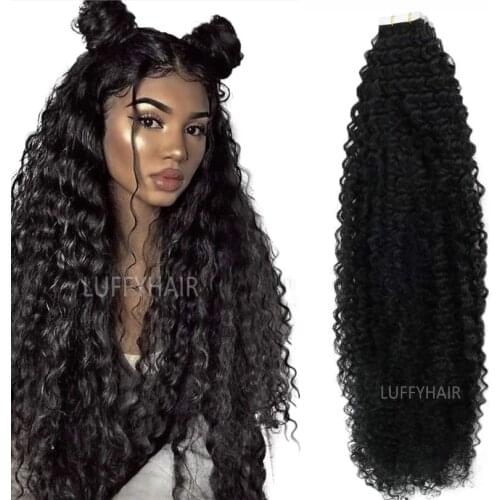 Long Kinky Curly Tape In Hair Extensions Mongolian Remy Hair Invisable Human Hair Tape-Ins 40pcs/set