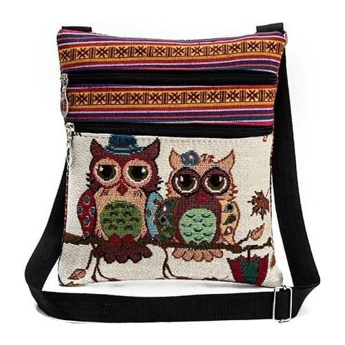 Double zipper owl one-shoulder diagonal bag embroidered messenger handbags fashion mobile phone bag