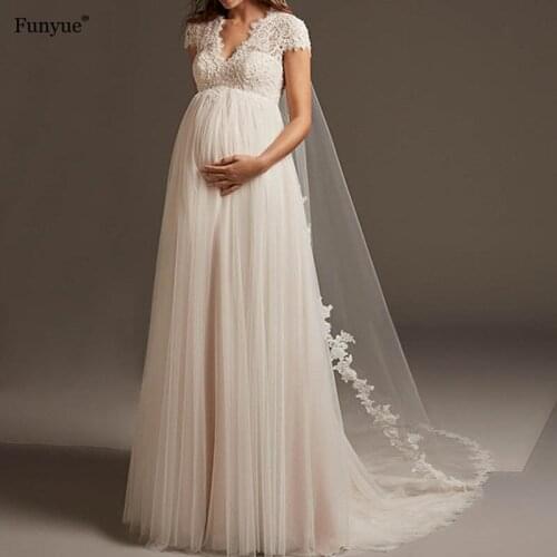 Elegant Cap Sleeve Pregnant Wedding Dress 2021 New Arrival Charming V-neck Backless A-Line Tulle Bridal Gown Vestidos De Novia