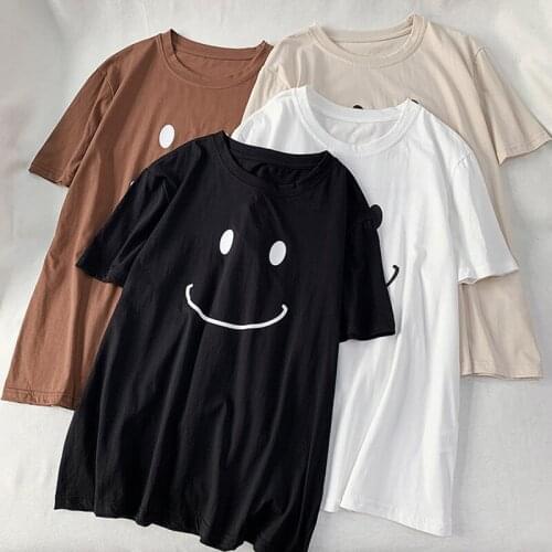 Summer Casual Sweet Round Collar T-Shirt Women Solid Color Loose Big Smile Printing Short Sleeved Female Tops Tees U225