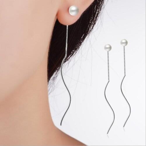 KOFSAC New Fashion 925 Sterling Silver Earring Simple Wavy Pearl Long Ear Line Earrings For Women Jewelry Valentines Day Gifts