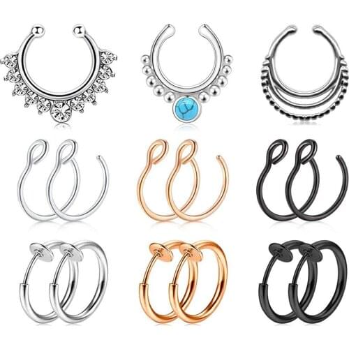 JFORYOU Fake Nose Rings Hoop 15pcs Stainless Steel Faux Fake Lip Ear Nose Septum Ring Non-Pierced Clip On Nose Hoop Rings