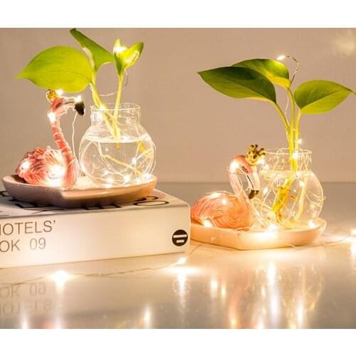 Creative Glass Vase animal Pink Flamingo Ornaments Flower Vases Hydroponics Desktop Decor Flowers LED Light Christmas Gift