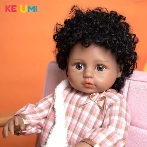 KEIUMI 49CM Black Skin High-quality Pasted Wig Alive Reborn Baby Doll Pink Checkered Blue Pants Suit Reborn Baby