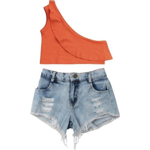 Cute Baby Girls Toddler Denim Outfits Sleeveless T-shirt Top and Jeans Shorts 2 Pieces Outfits Set Casual