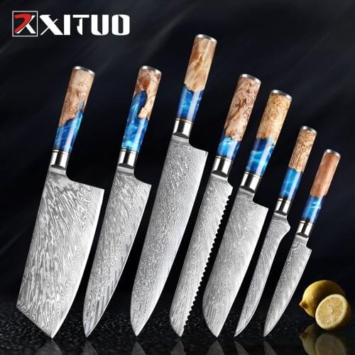 XITUO Professional Kitchen Chef Knife Set Damascus Steel Japan VG10 Premium Blue Resin and Colored Wooden Handle Cooking Tools
