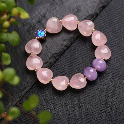 Wholesale Pink Natural Crystal Bracelets Heart-shaped Beads With Flower Bracelet Lucky for Women Gift Beauty Crystal Jewelry