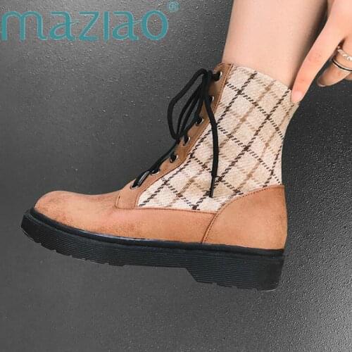 Autumn and Winter Explosions Suede Color Matching Wild High-top Wool Lace Up Mouthboots Women Black Brown Boots MAZIAO