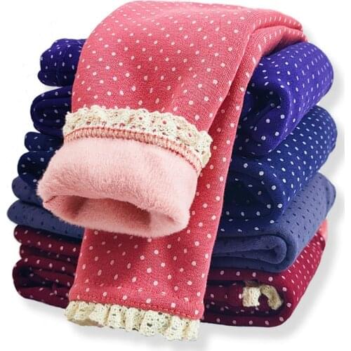 Autumn Winter Kids Warm Pants Sweet Girls Lace Fleece Leggings Childrens Slim Thick Velvet Trousers Girls Dot Pant