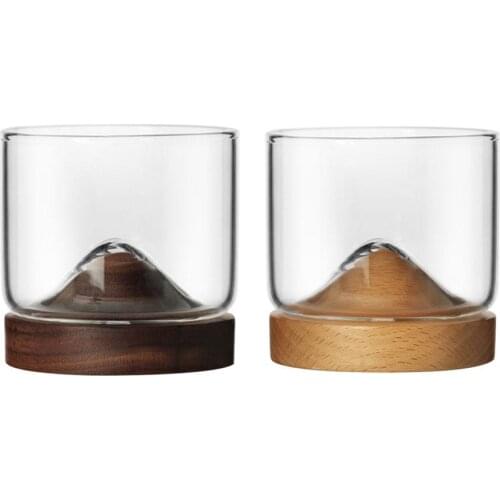 Transparent Mountain Whiskey Glass With Wooden Base Creative Heat Resistant Beer Glass Wine Water Tea Cup Set Bar Drinkware