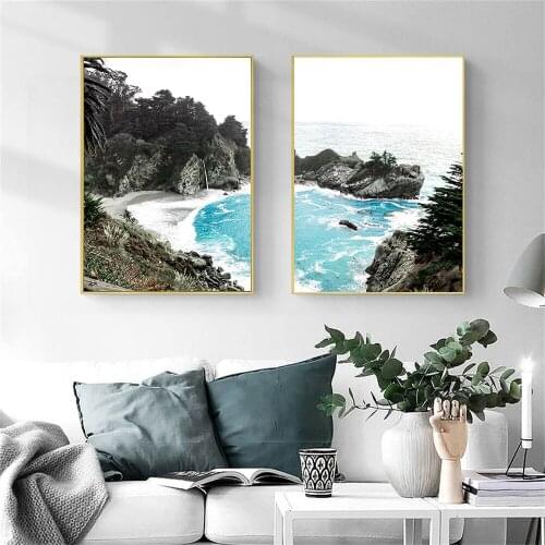 Nordic Beach Blue Sea Wall Art Poster Mountain Rock Art Print Natural Landscape Canvas Painting Modern Picture Living Room Decor