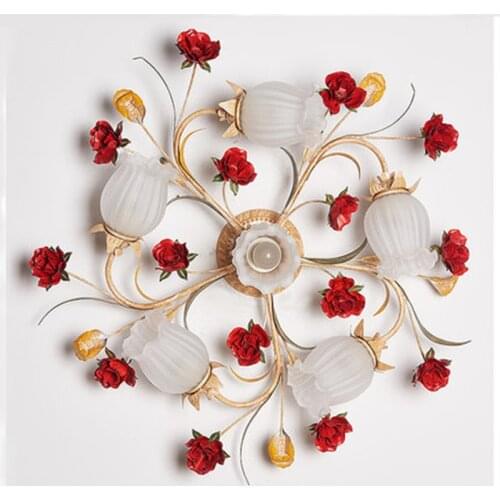 Nordic Art Deco Rural Red Flower Plant Led Lamp Ceiling Lights For Wedding Marriage Living Room Bedroom Home Decorative Lighting