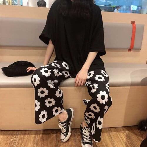 Lolita style 2020 autumn Korean ulzzang Harajuku personality hip hop street flower print loose wide leg pants ankle-leng