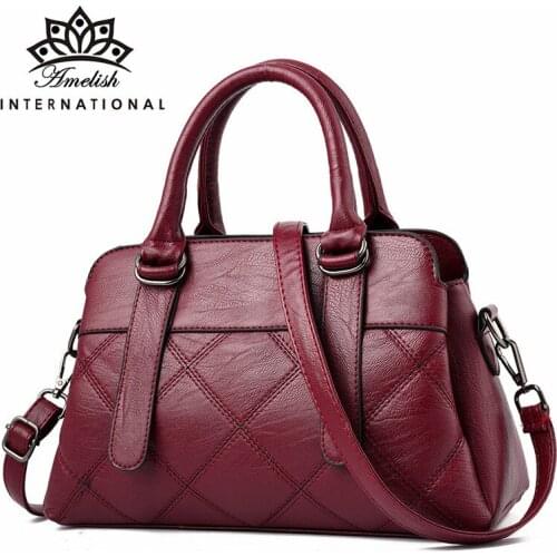 AMELISH Plaid Leather Handbag for Women 2021 Vintage Office Lady Work Travel Shoulder Bags Luxury Designer Female Messenger Bag
