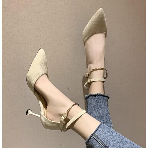 2021 Summer Women Sandals Ankle Strap Pumps High Heels Dress Shoes Woman Metal Buckle Strap Office Shoes Ladies Zapatos Mujer