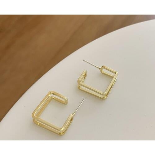 New Fashion Gold Colour Copper Double Layer Metal Geometric Square Stud Earrings Trendy For Women Girls Jewelry