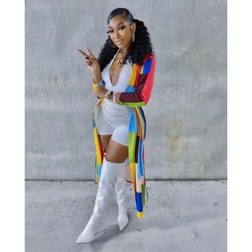 TNNAOFF Sexy Aesthetic Print Cardigan Trench for Women Summer Fashion Elegant Full Sleeve V-neck Lounge Wear Loose Long Coats