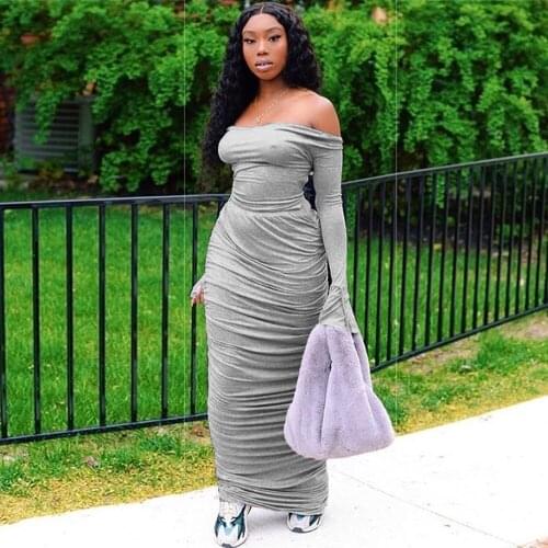 Black/red/grey Off The Shoulder Two Piece Club Outfit Womens Set Slash Neck Flare Sleeve T-shirt and Ruched Draped Maxi Dress