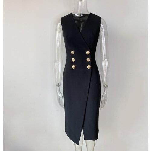 Chic OL elegant Black Sleeveless pencil dress High quality V-neck Doule-breasted dress C864