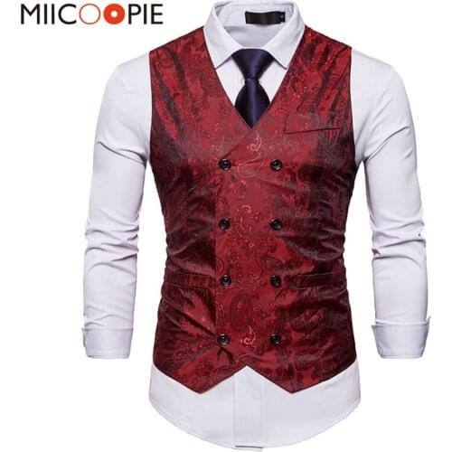 Men Double Breasted Dress Vests Chaleco Sleeveless Gilet Slim Printed Sleeveless Waistcoat Men Suit Hombre For Party Wedding
