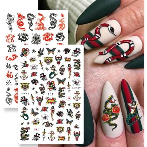 Snake Nail Sticker Retro Chinese Dragon Sexy Girl God Devil 3D Slider Gel Polish Nails Accessories All for Manicure SAEB145-152