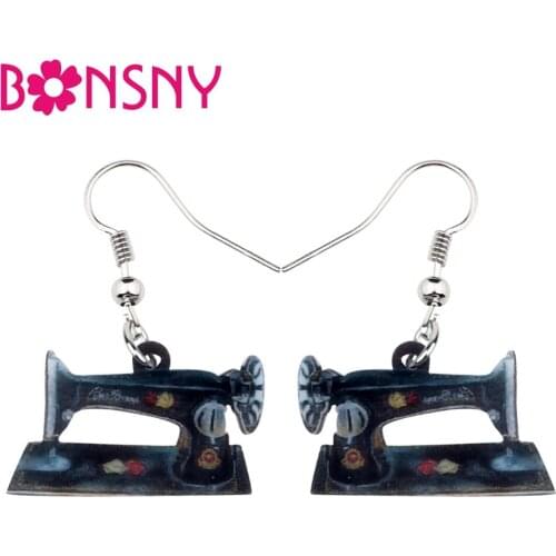 Bonsny Acrylic Fashion Floral Sewing Machine Earrings Drop Dangle Vintage Tools Jewelry For Women Girls Ladies Gift Charms Party