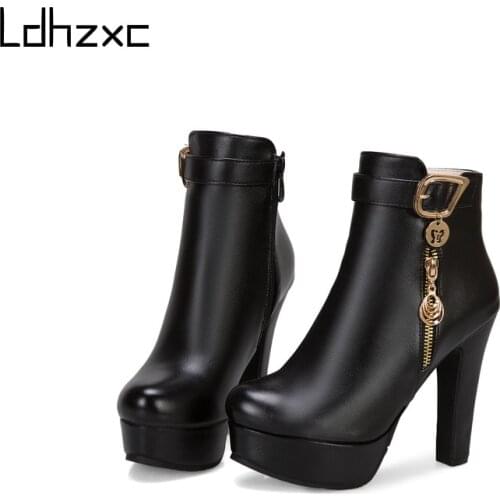 LDHZXC Pu Leather High Heel Booties Women High Heels Autumn Platform Ankle Boots with Zippers Black Punk High Quality Big Size