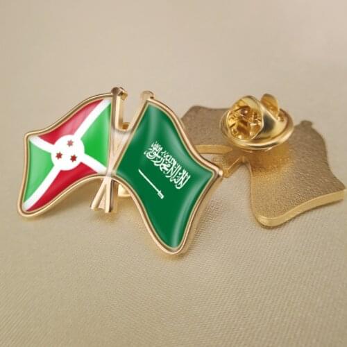 Burundi and Saudi Arabia Crossed Double Friendship Flags Lapel Pins Brooch Badges