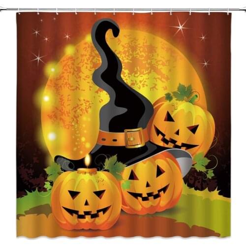 Halloween Shower Curtains Cartoon Orange Pumpkin Lamp Black Witch Hat Pattern Trick or Treat Bath Decor Polyester Cloth Curtain