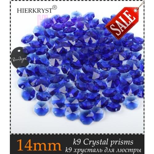 HIERKRYST 50 pcs 14 mm Octagon Beads Crystal Glass Chandelier Parts Rainbows Maker Prisms Pendants Connectors Blue #05A