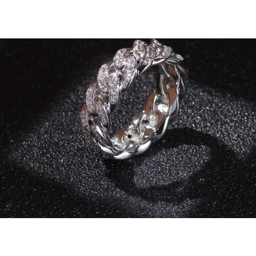 Hip Hop 8mm Cuban Chain Ring Exquisite Shiny Zircon Gold Plated Mens Ring Rap Rock Party Jewelry Cocktail Ring Size Us6-11