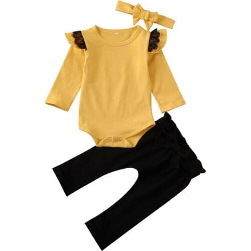 Baby Boy Kids Clothing Set Yellow Newborn baby girls romper tops jumpsuit plain pants headband outfit clothes set 0-24 Months