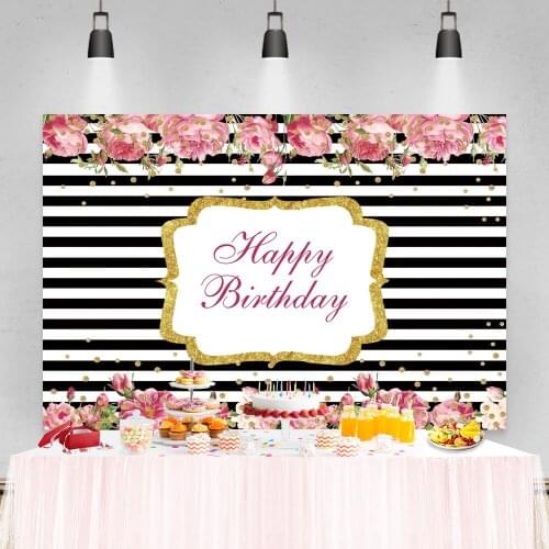 Laeacco Pink Flowers Black White Stripe Gold Shiny Polka Dot Birthday Party Backdrops Photographic Backgrounds For Photo Studio