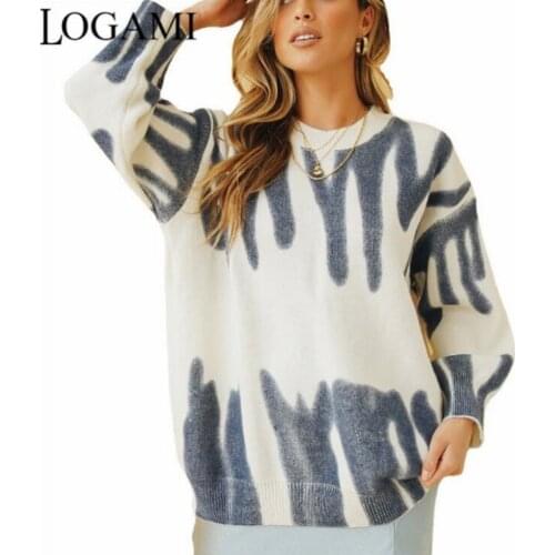 LOGAMI Elegant Striped Print Pullovers Women Autumn Winter O-Neck Loose Long Sweaters Knitted Pullover Streetwear Outerwear